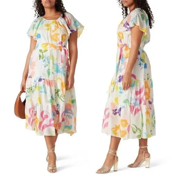Tanya Taylor Ella Floral Rainbow Dress Silk Midi Flutter Sleeve Size 4 - Picture 9 of 9